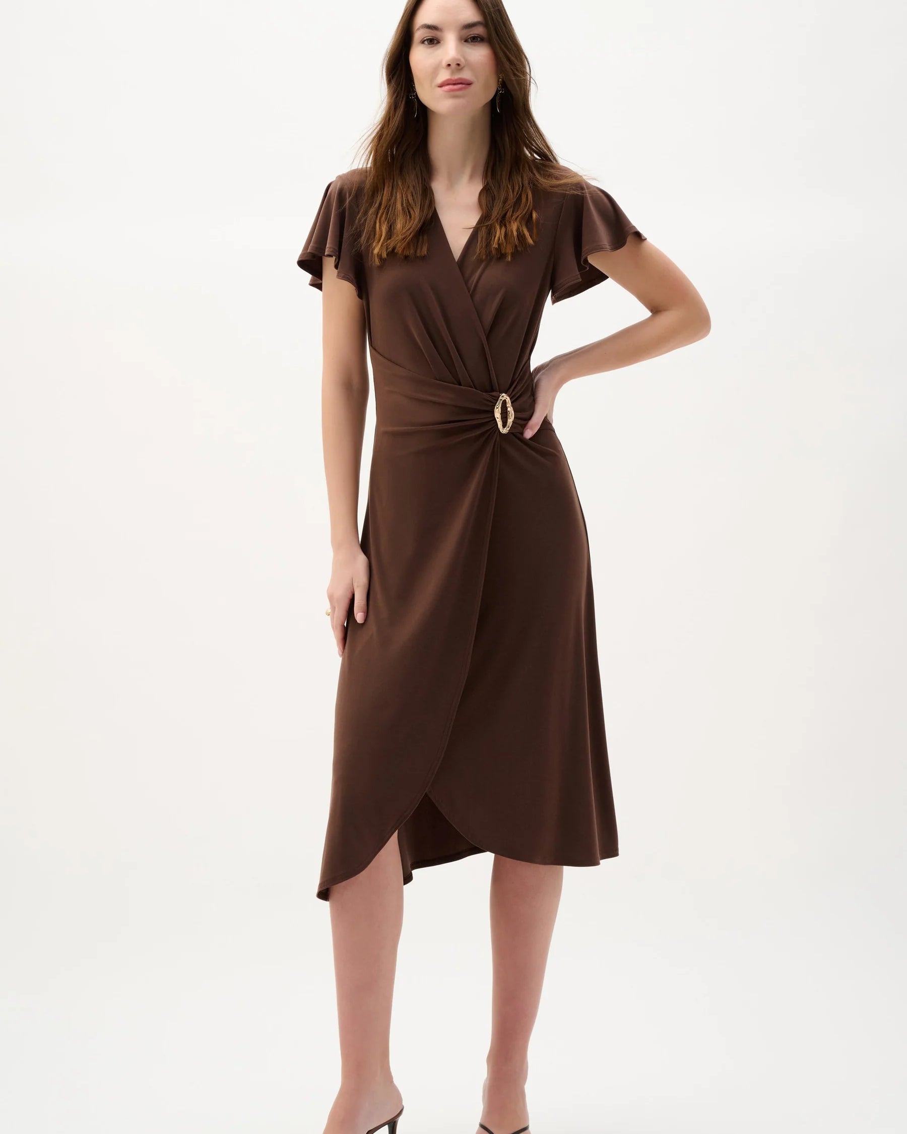 Joseph Ribkoff Flutter Sleeve Midi Dress in Mahogany