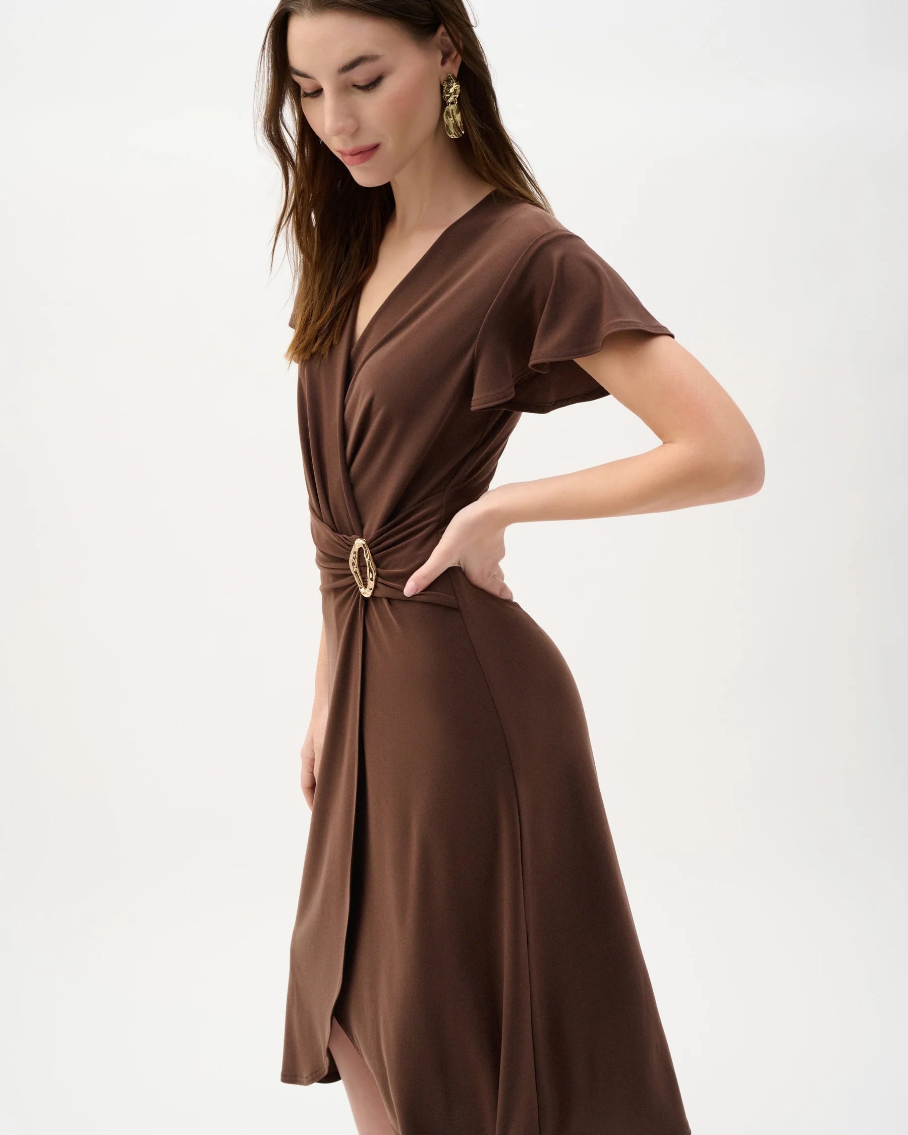 Joseph Ribkoff Flutter Sleeve Midi Dress in Mahogany