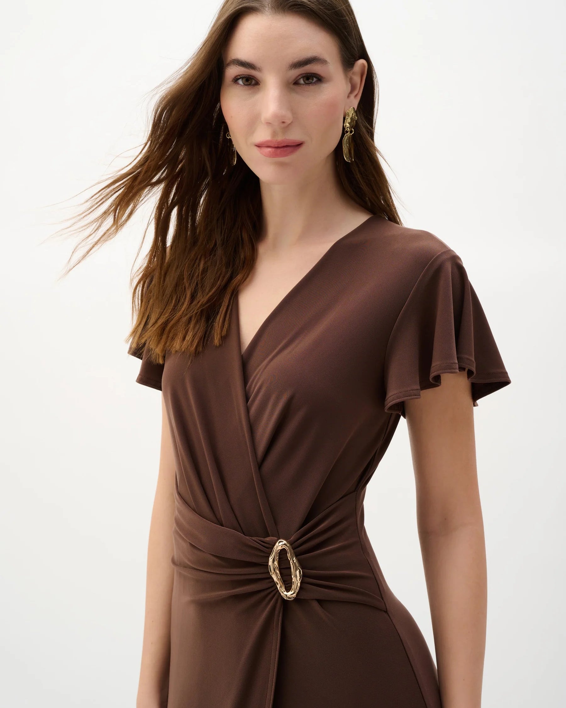 Joseph Ribkoff Flutter Sleeve Midi Dress in Mahogany