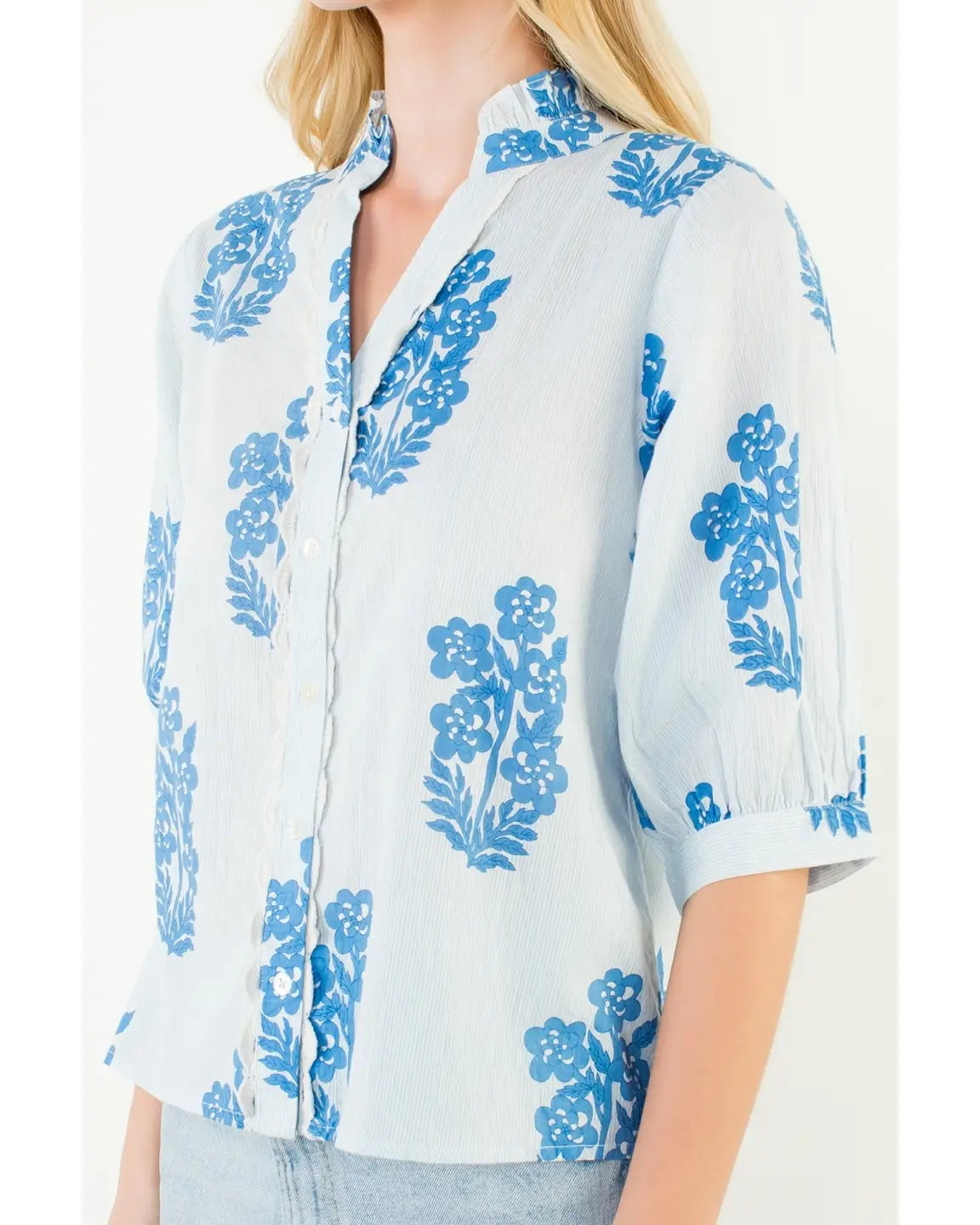 THML Flower Patterned Blouse in Light Blue