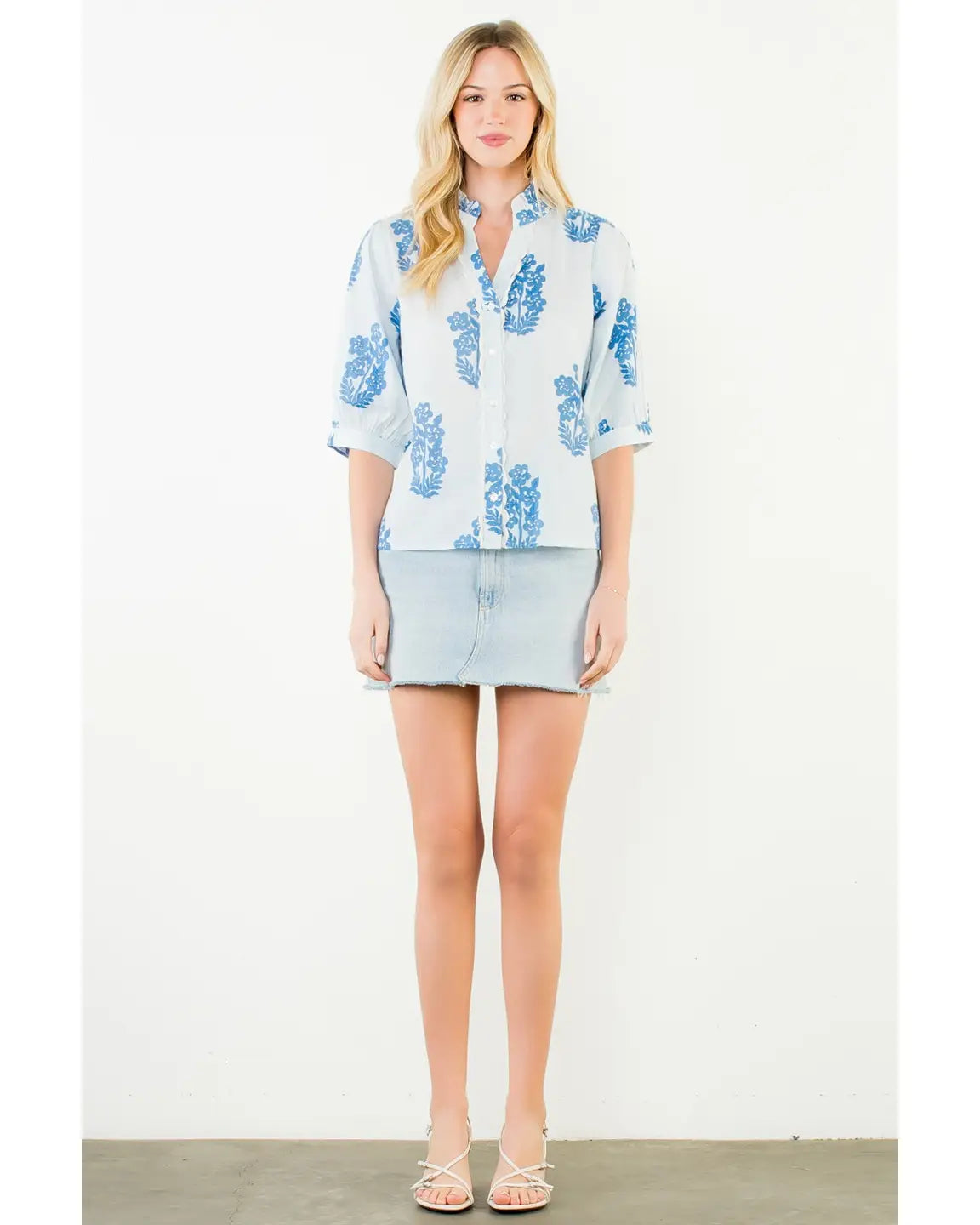 THML Flower Patterned Blouse in Light Blue