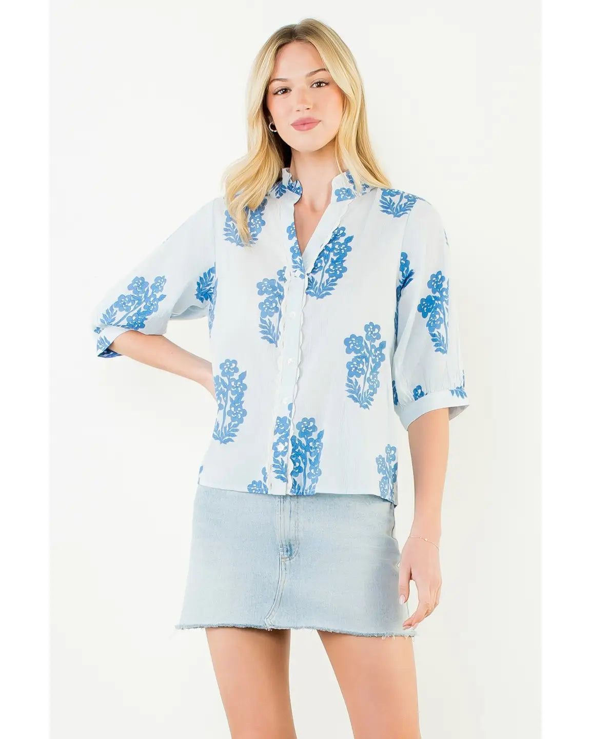 THML Flower Patterned Blouse in Light Blue