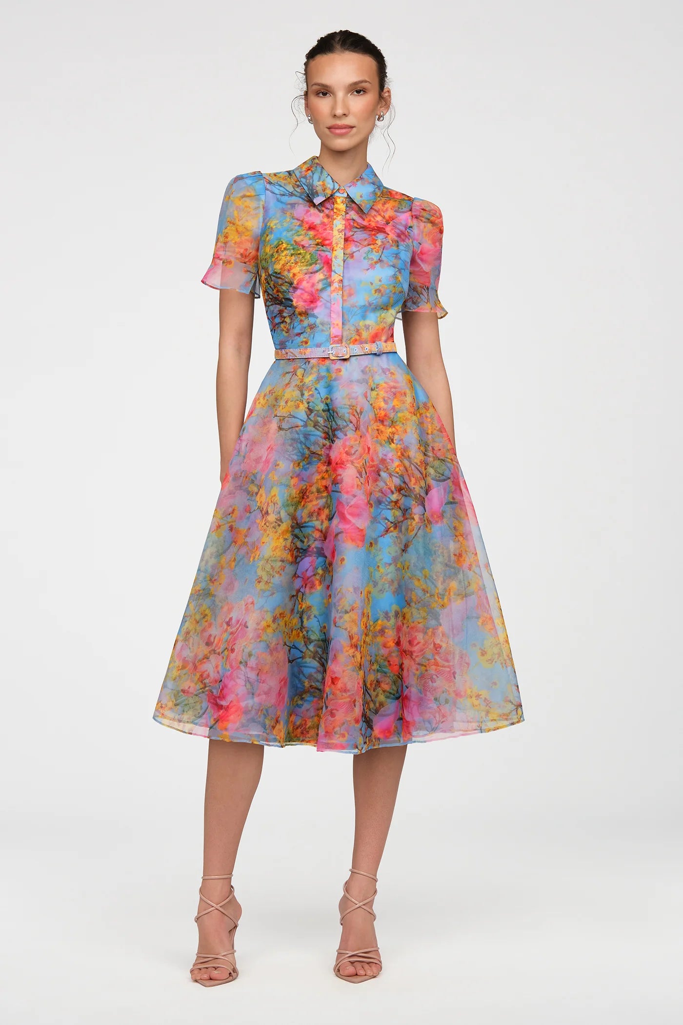 Theia Marcel Organza Shirt Dress in Whisper Blue Zen in Blue