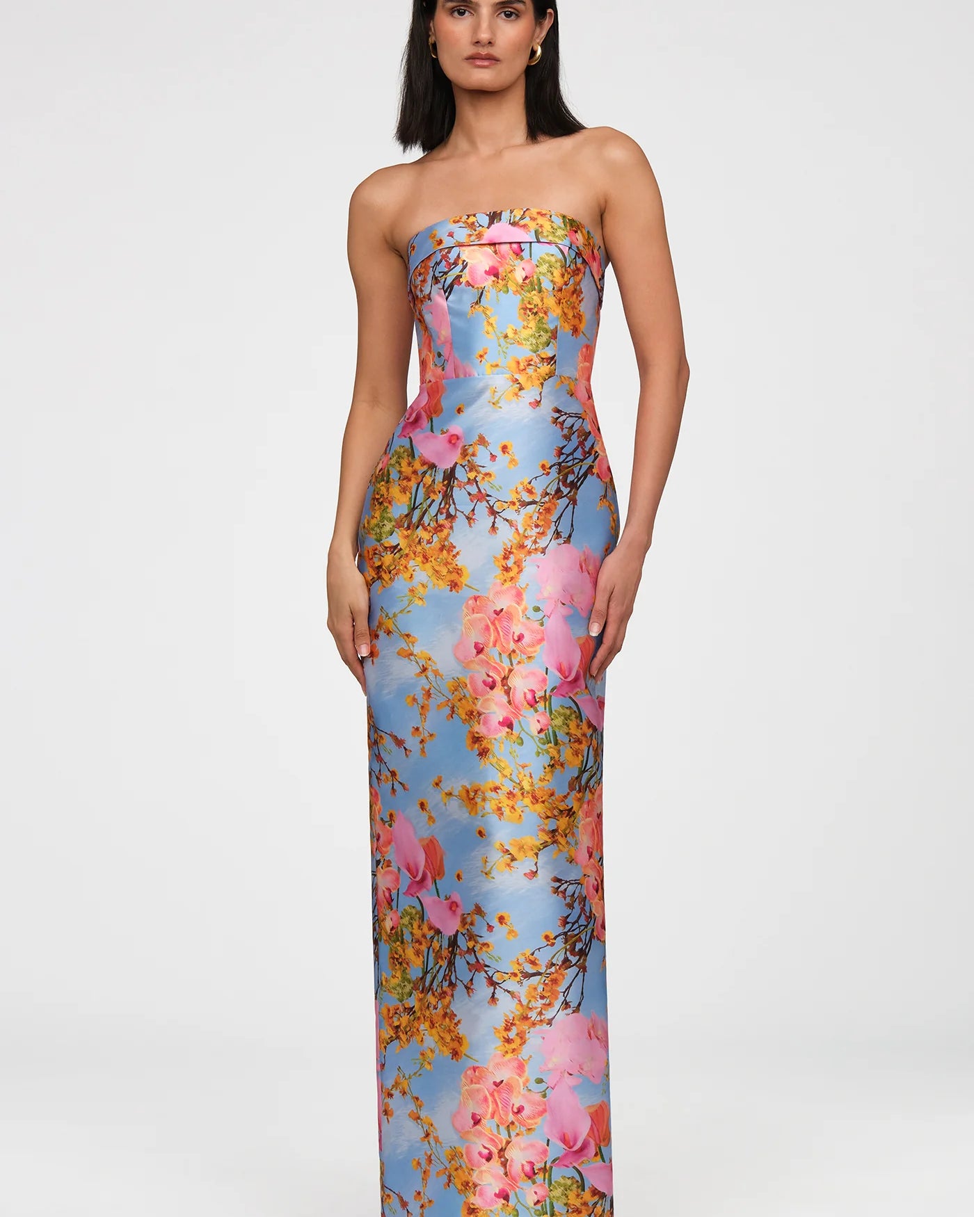 Theia Cleo Strapless Column Gown in Whisper Blue Zen in Bloom