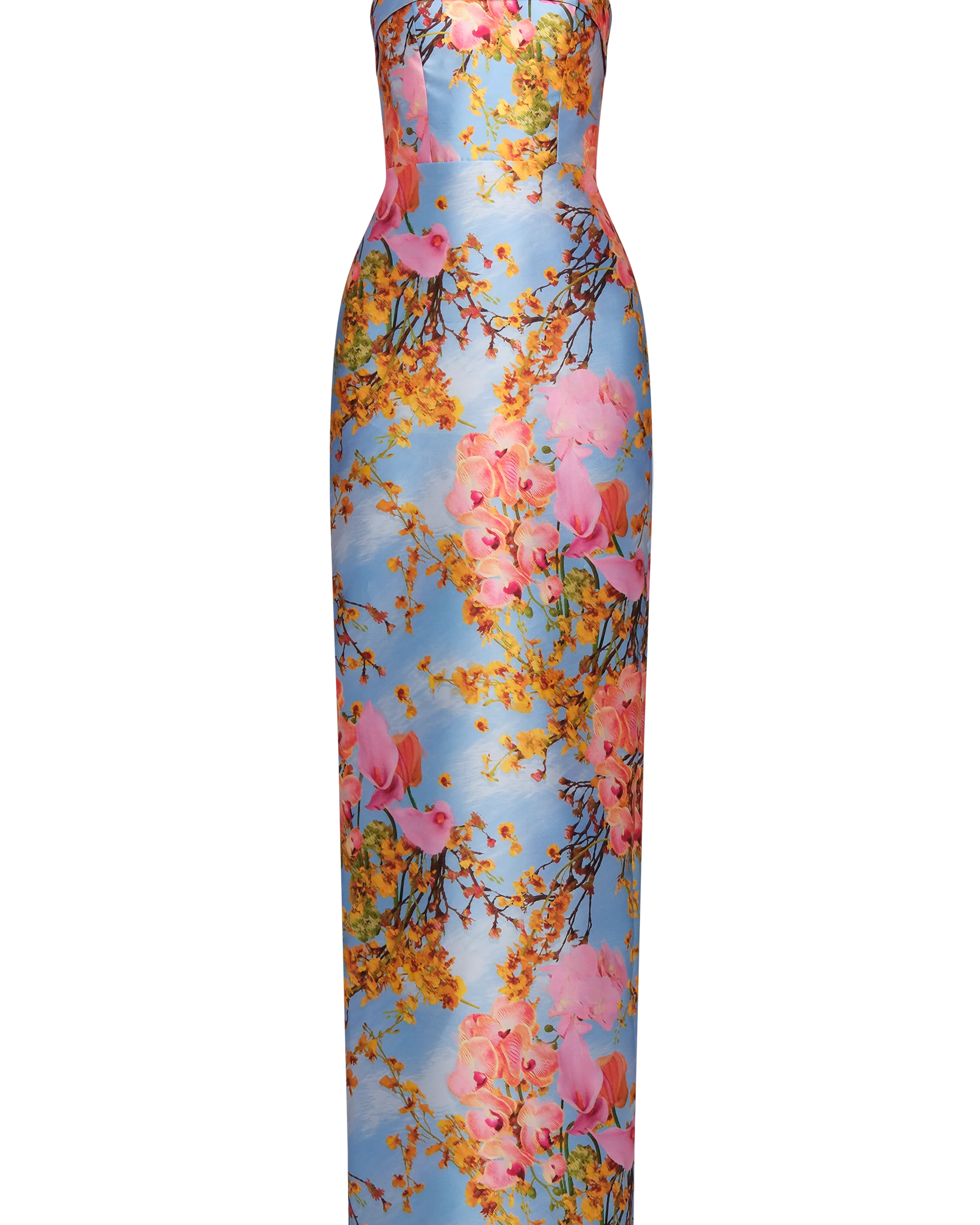 Theia Cleo Strapless Column Gown in Whisper Blue Zen in Bloom