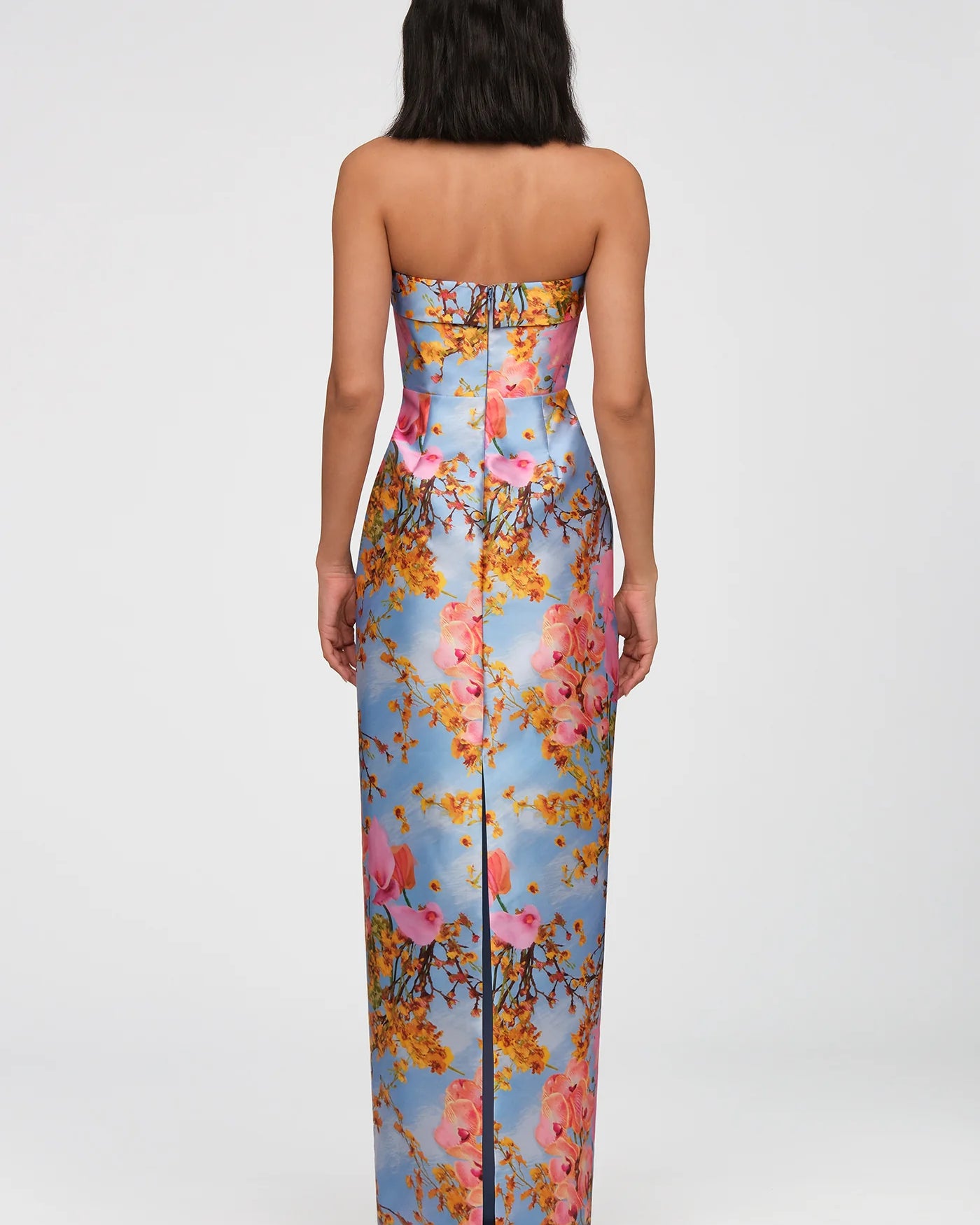 Theia Cleo Strapless Column Gown in Whisper Blue Zen in Bloom