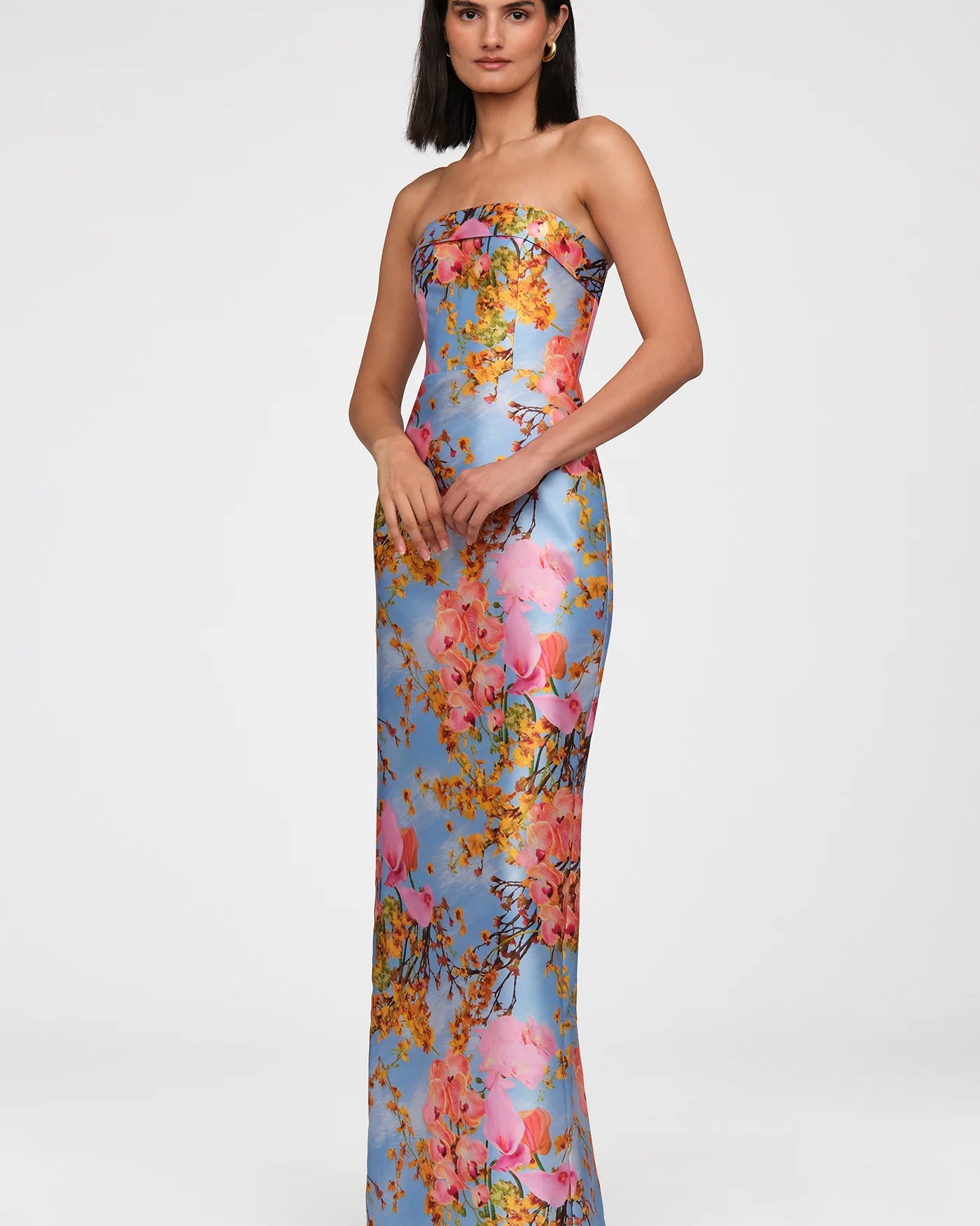 Theia Cleo Strapless Column Gown in Whisper Blue Zen in Bloom