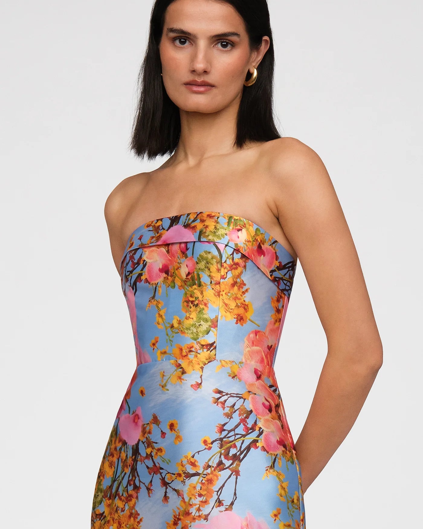 Theia Cleo Strapless Column Gown in Whisper Blue Zen in Bloom