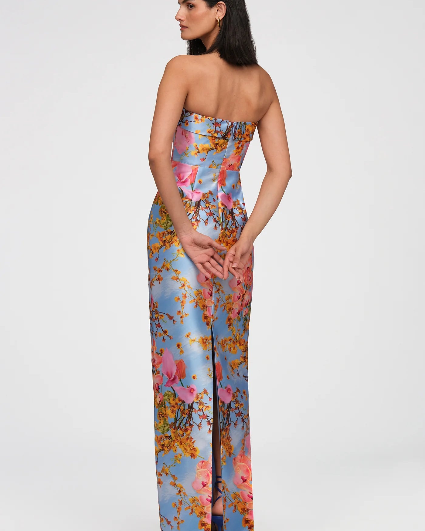 Theia Cleo Strapless Column Gown in Whisper Blue Zen in Bloom
