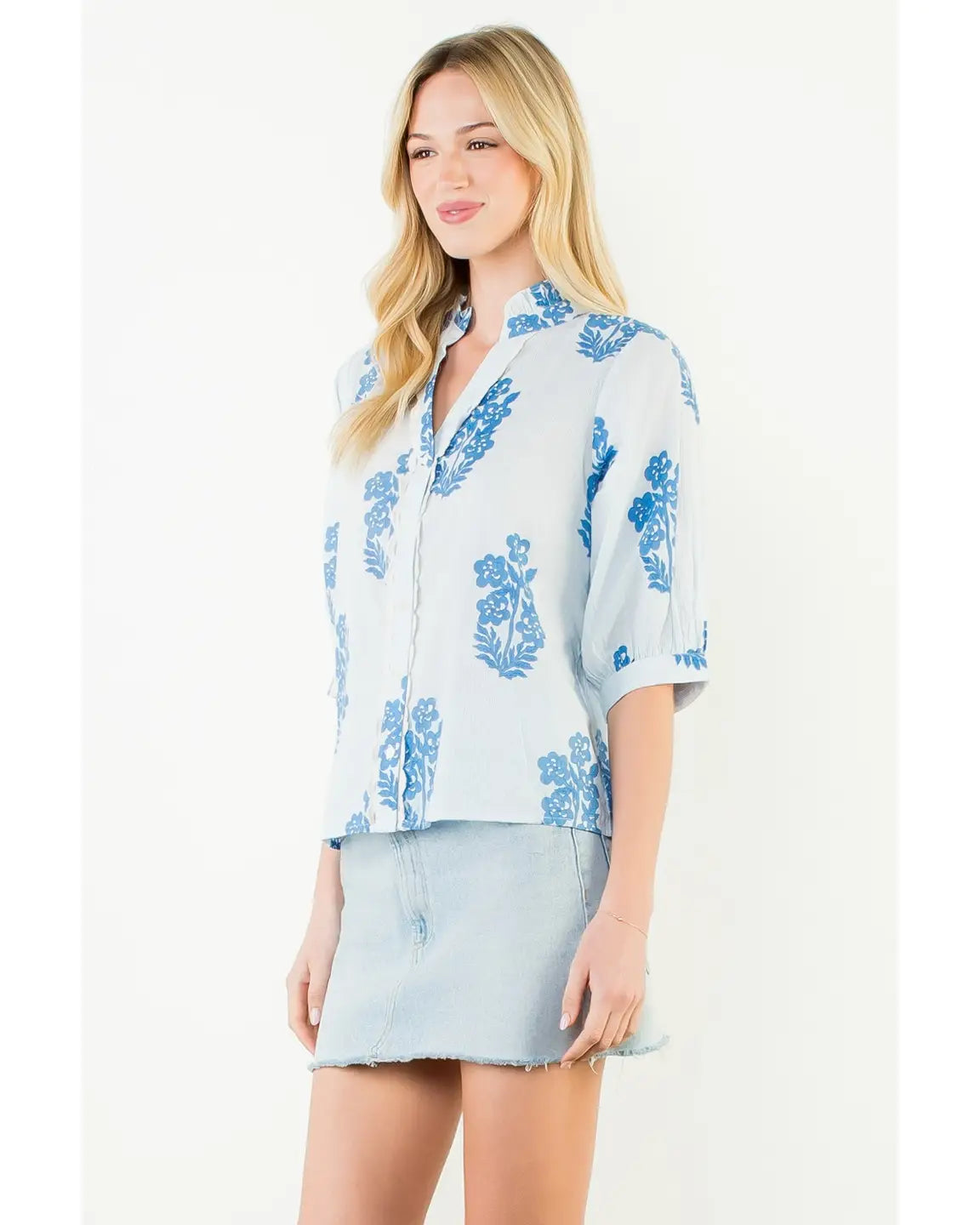 THML Flower Patterned Blouse in Light Blue