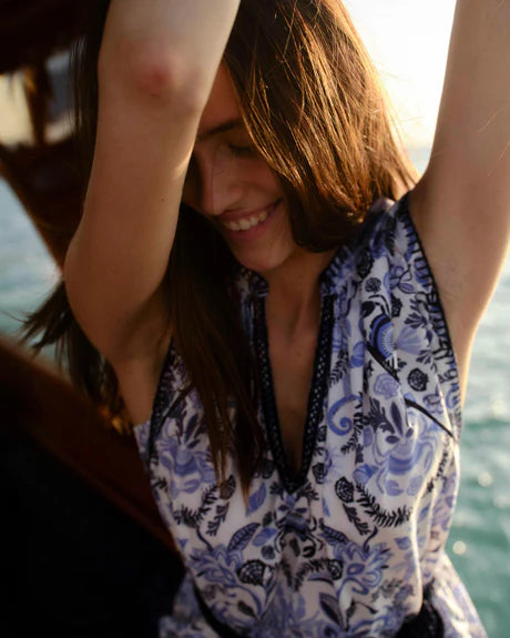 Cartolina Harper Dress in Mariners Bloom Print Blue Mist