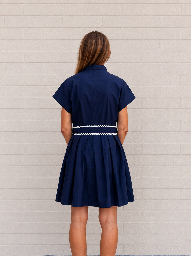 Winnie Dress in Navy with Ric Rac Trim