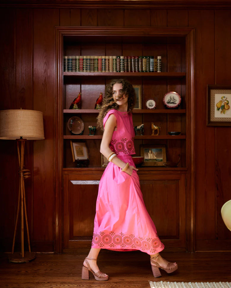 Brooks Avenue Madelyn Midi Skirt in Pink Embroidered