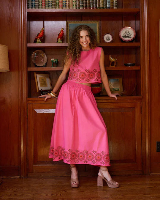 Brooks Avenue Madelyn Midi Skirt in Pink Embroidered