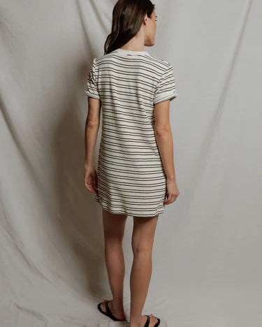 Perfect White Tee Nella loop terry short sleeve stripe dress in natural/chocolate