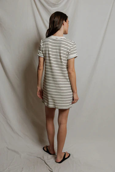 Perfect White Tee Nella loop terry short sleeve stripe dress in natural/chocolate