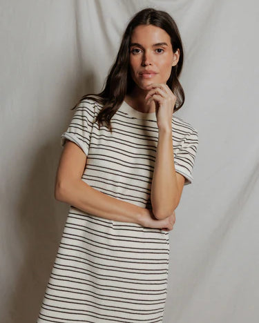 Perfect White Tee Nella loop terry short sleeve stripe dress in natural/chocolate