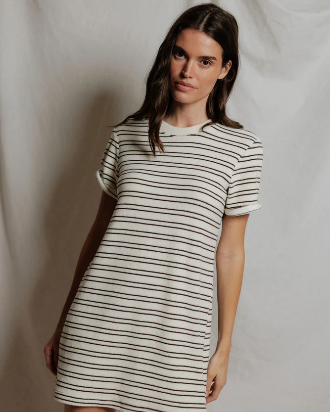 Perfect White Tee Nella loop terry short sleeve stripe dress in natural/chocolate