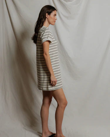 Perfect White Tee Nella loop terry short sleeve stripe dress in natural/chocolate
