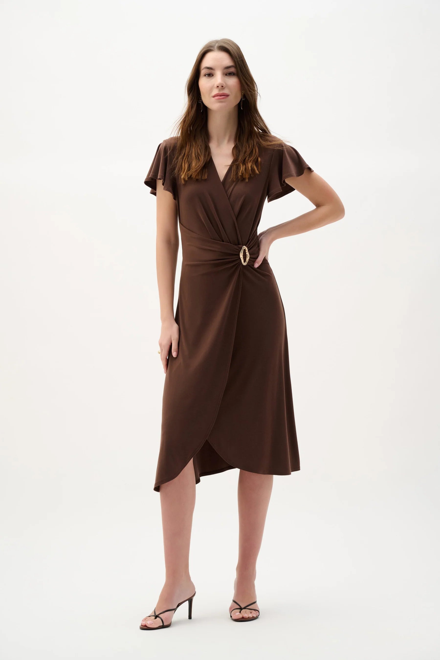Joseph Ribkoff Flutter Sleeve Midi Dress in Mahogany 