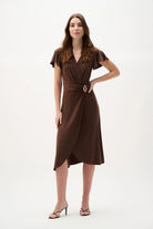 Joseph Ribkoff Flutter Sleeve Midi Dress in Mahogany 