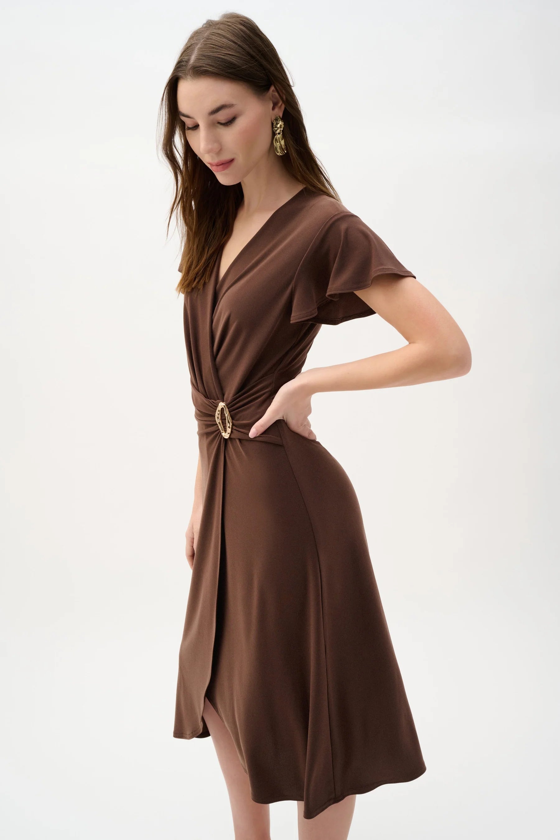 Joseph Ribkoff Flutter Sleeve Midi Dress in Mahogany 