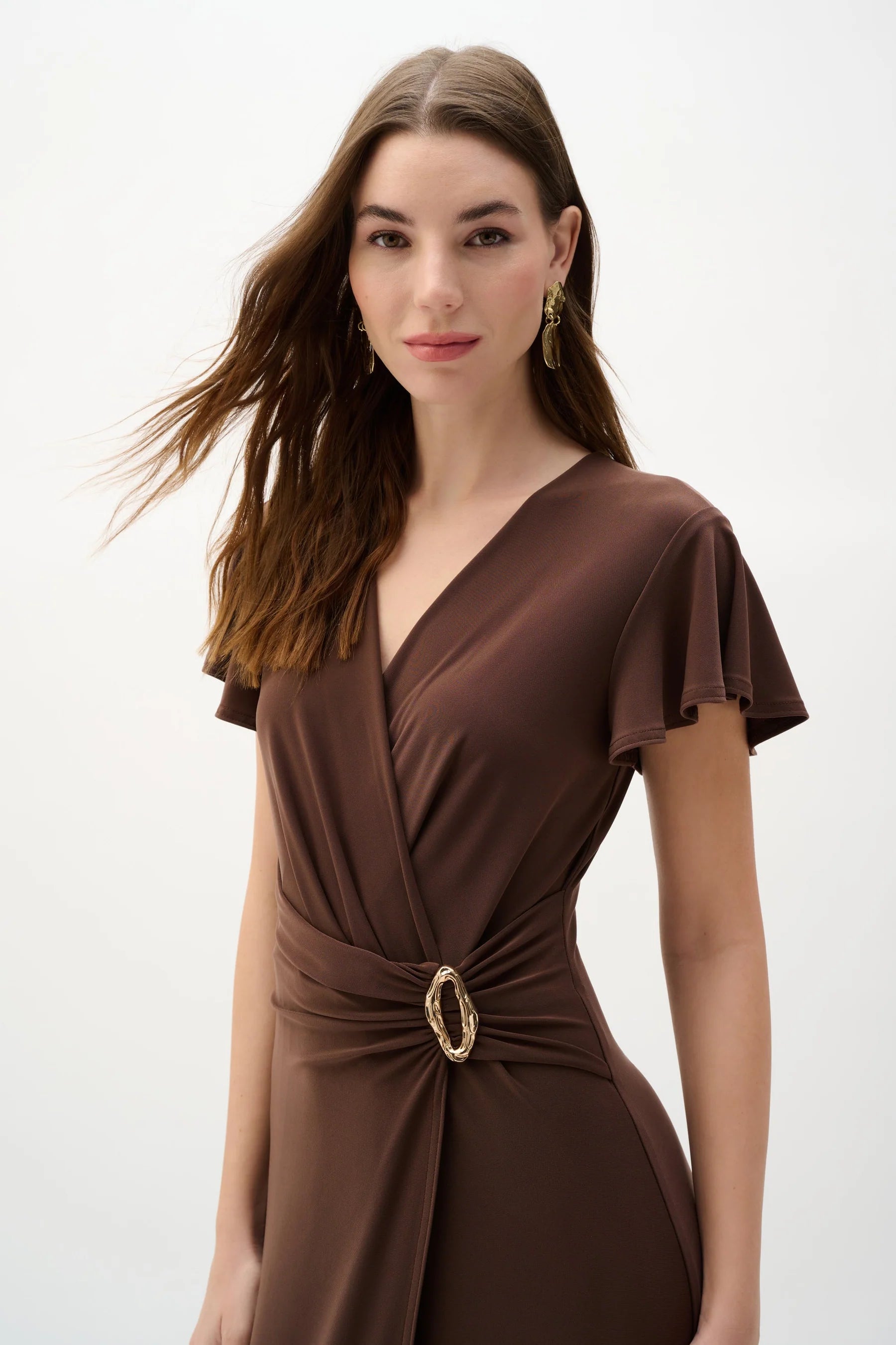 Joseph Ribkoff Flutter Sleeve Midi Dress in Mahogany 