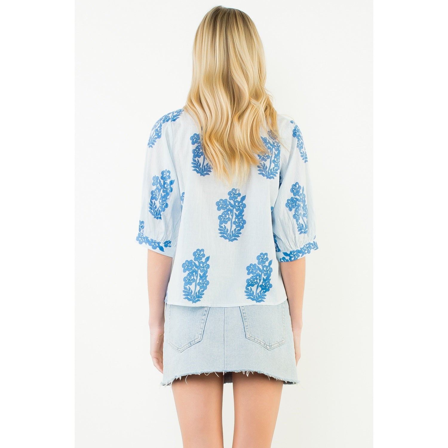 THML Flower Patterned Blouse in Light Blue