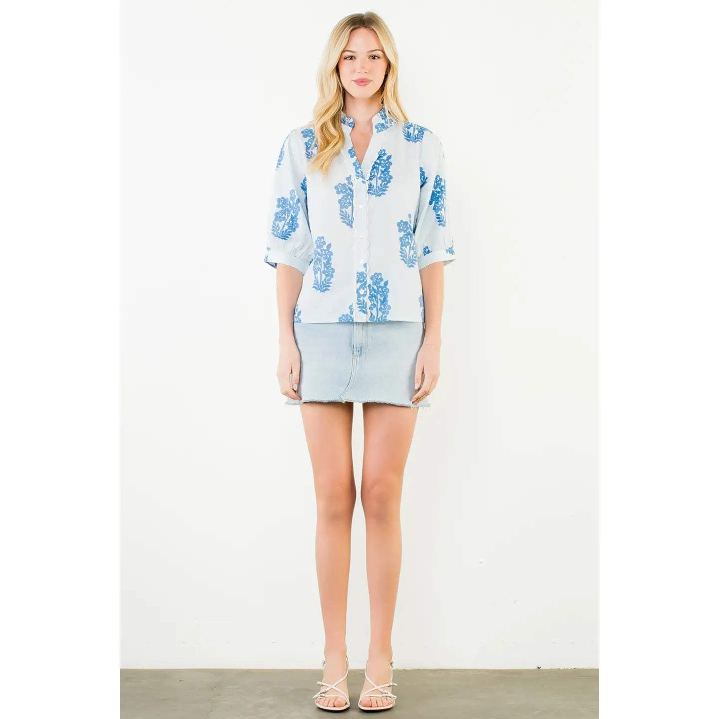 THML Flower Patterned Blouse in Light Blue