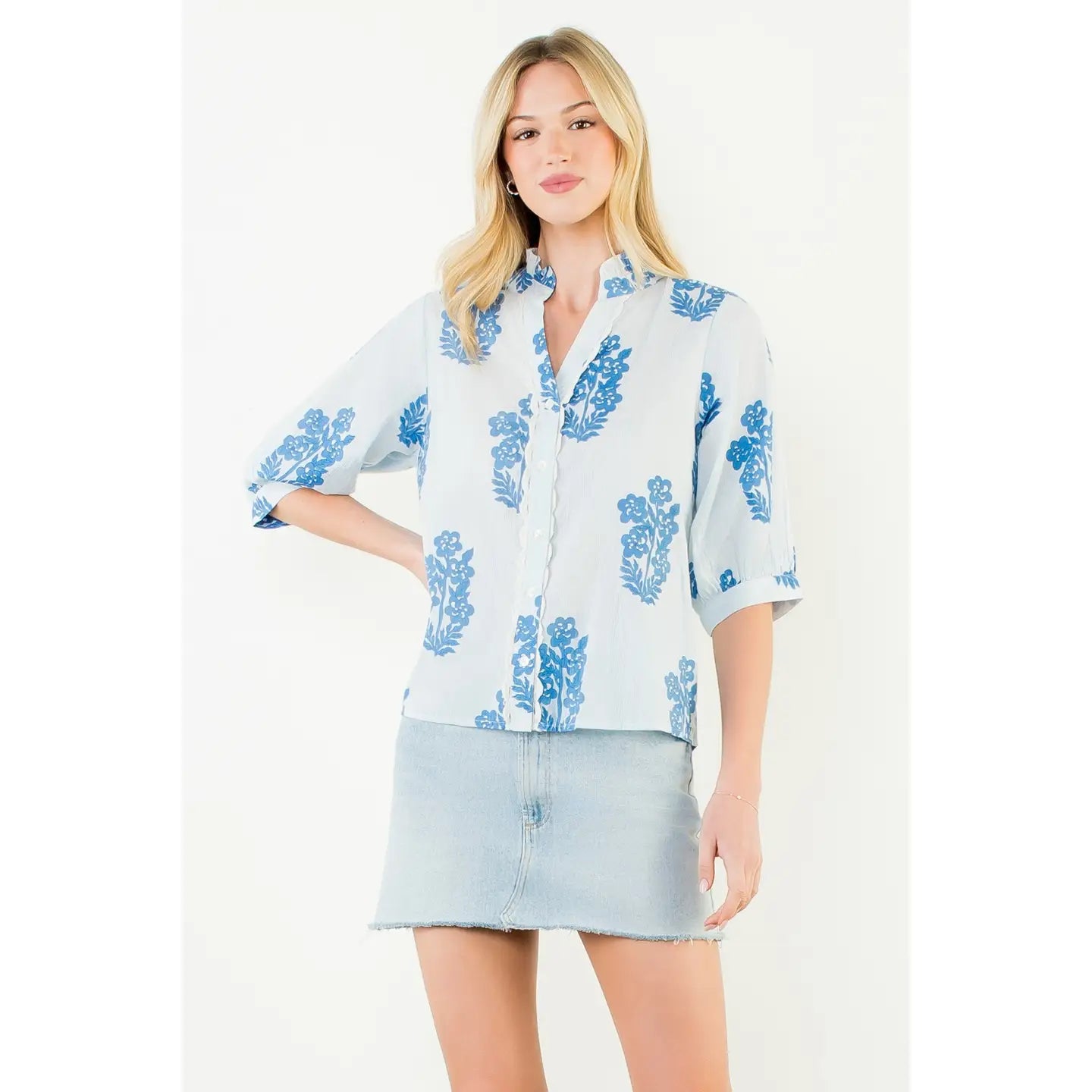 THML Flower Patterned Blouse in Light Blue