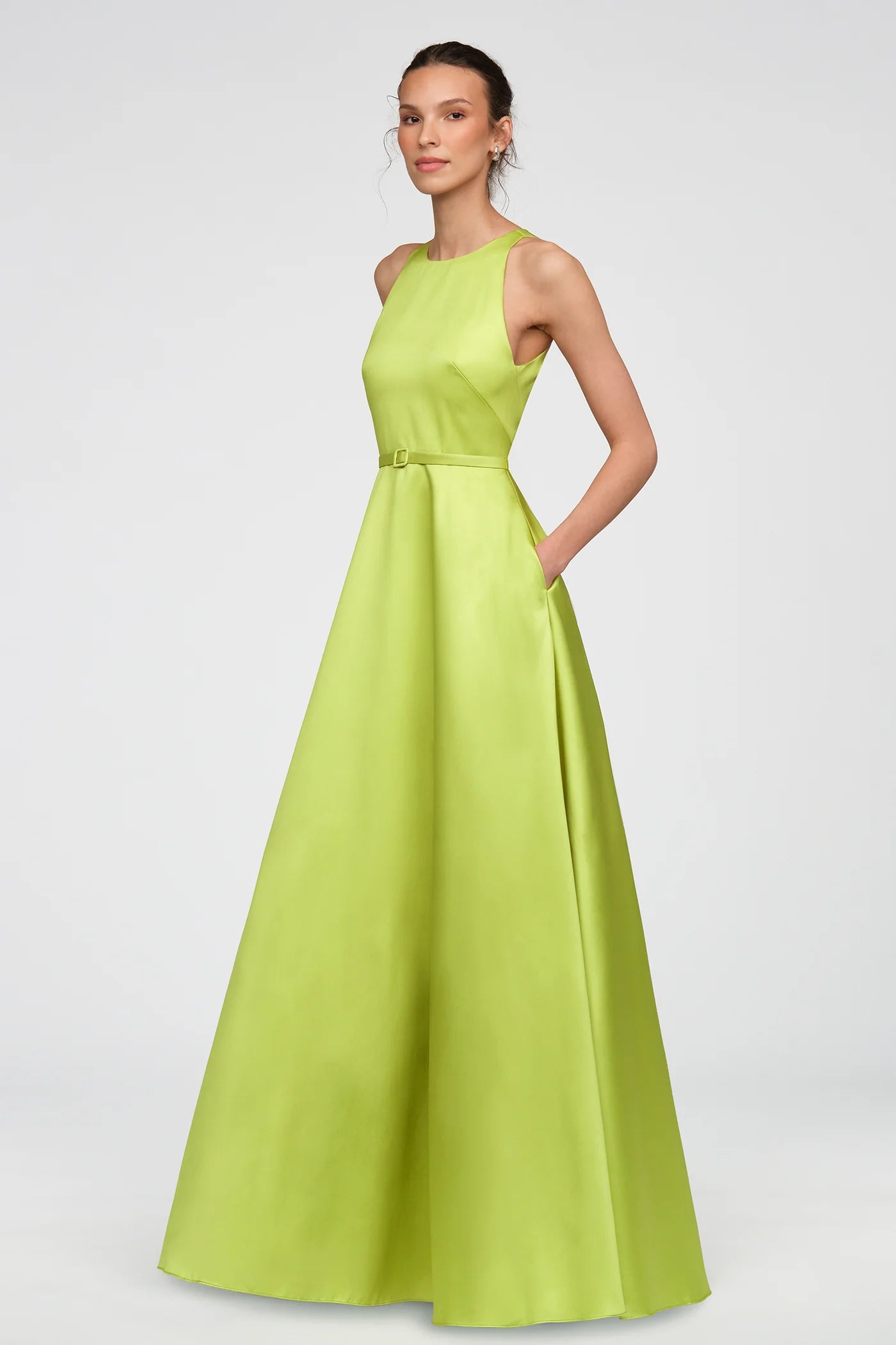 Theia Minta Mikado Halter Gown in Herbal Drift