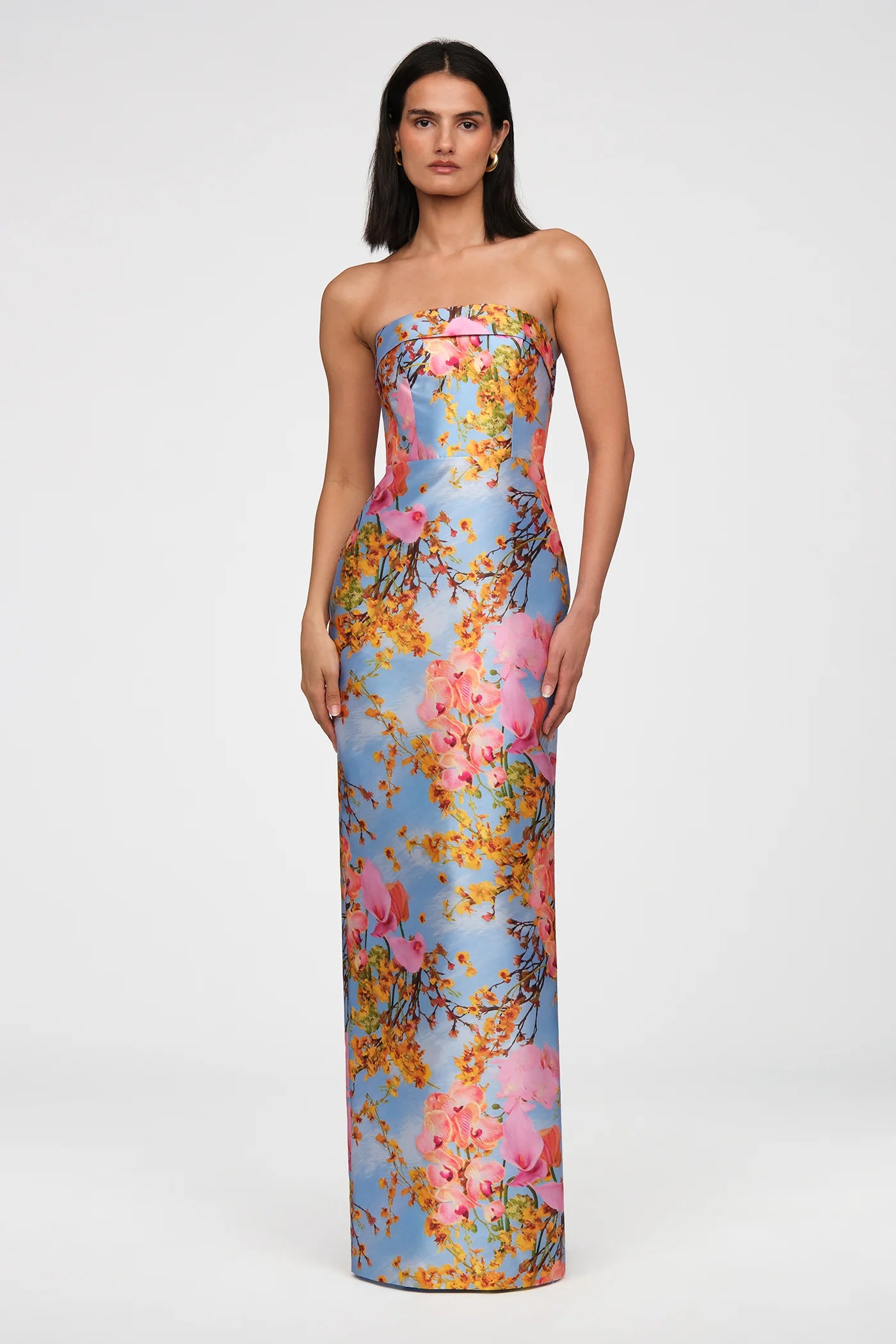 Theia Cleo Strapless Column Gown in Whisper Blue Zen in Bloom