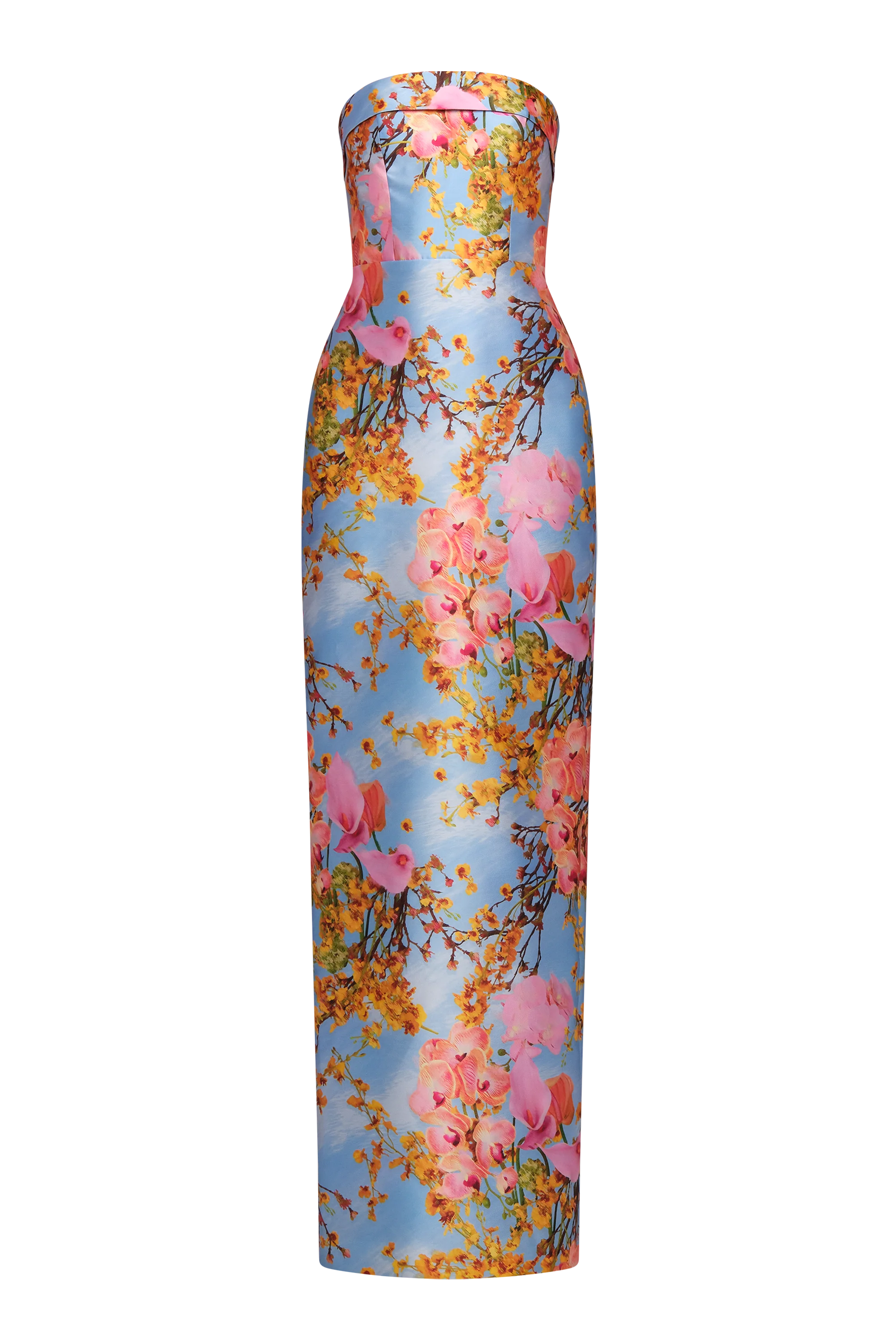 Theia Cleo Strapless Column Gown in Whisper Blue Zen in Bloom