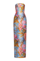 Theia Cleo Strapless Column Gown in Whisper Blue Zen in Bloom