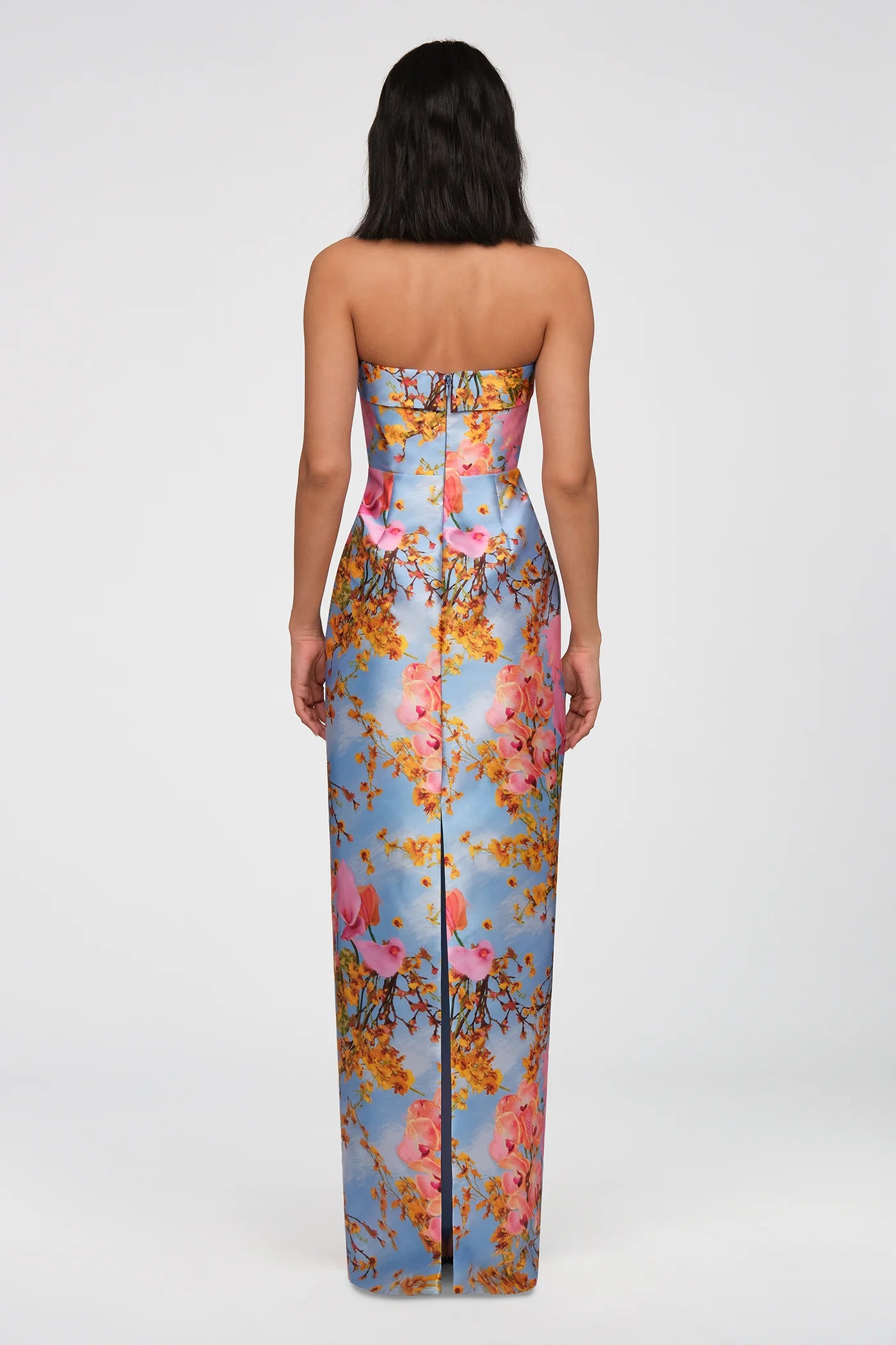 Theia Cleo Strapless Column Gown in Whisper Blue Zen in Bloom