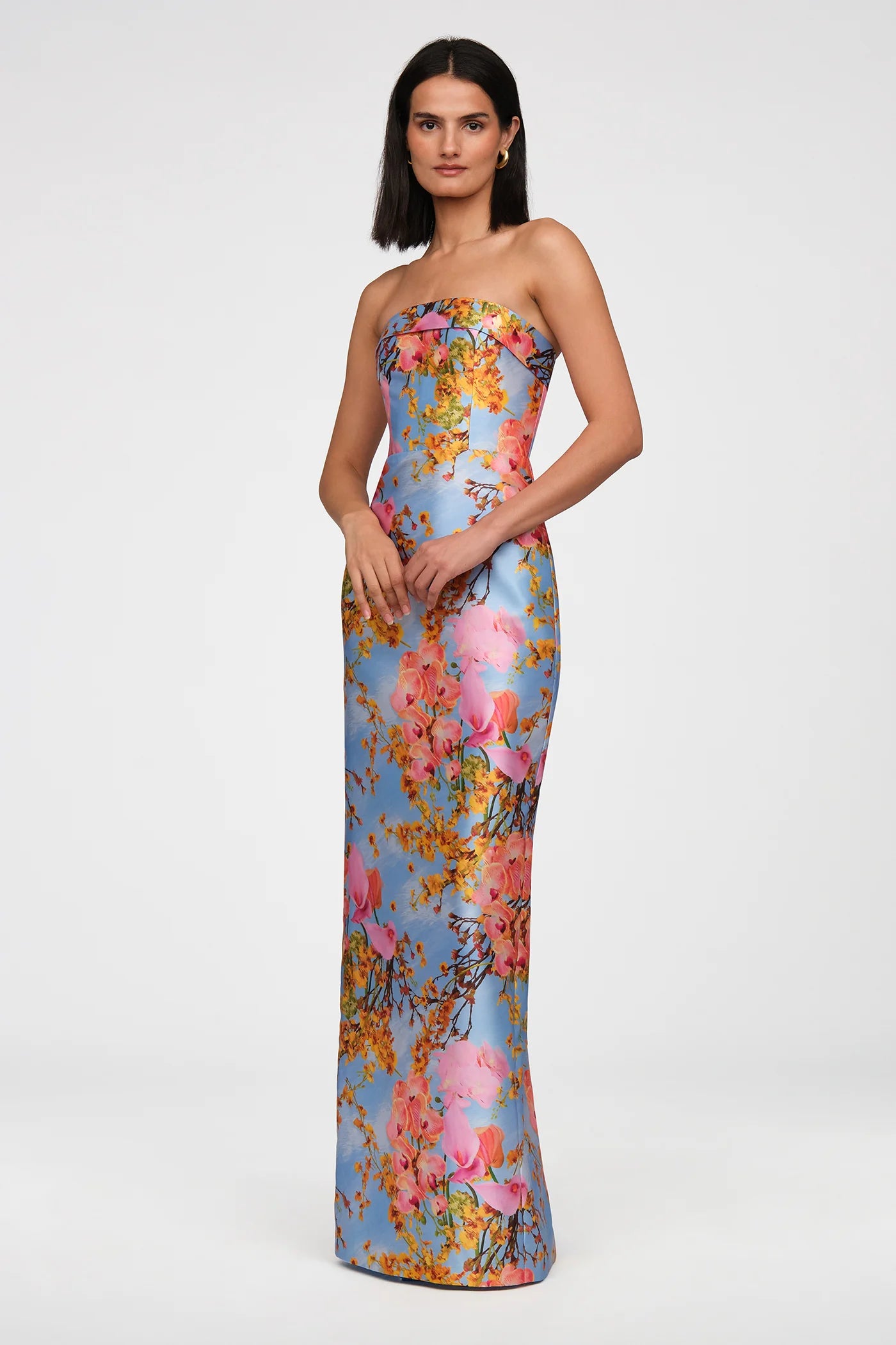 Theia Cleo Strapless Column Gown in Whisper Blue Zen in Bloom