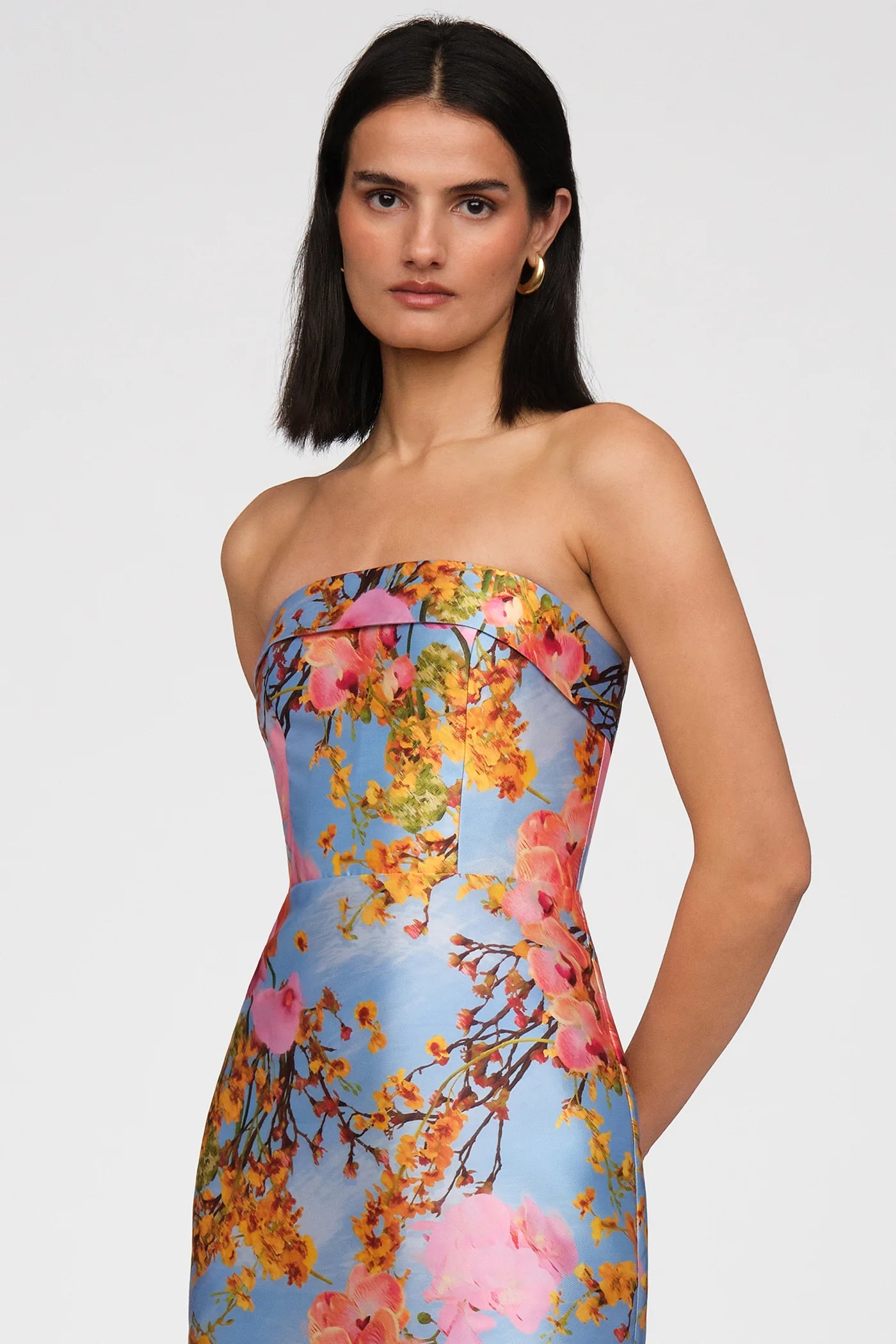 Theia Cleo Strapless Column Gown in Whisper Blue Zen in Bloom