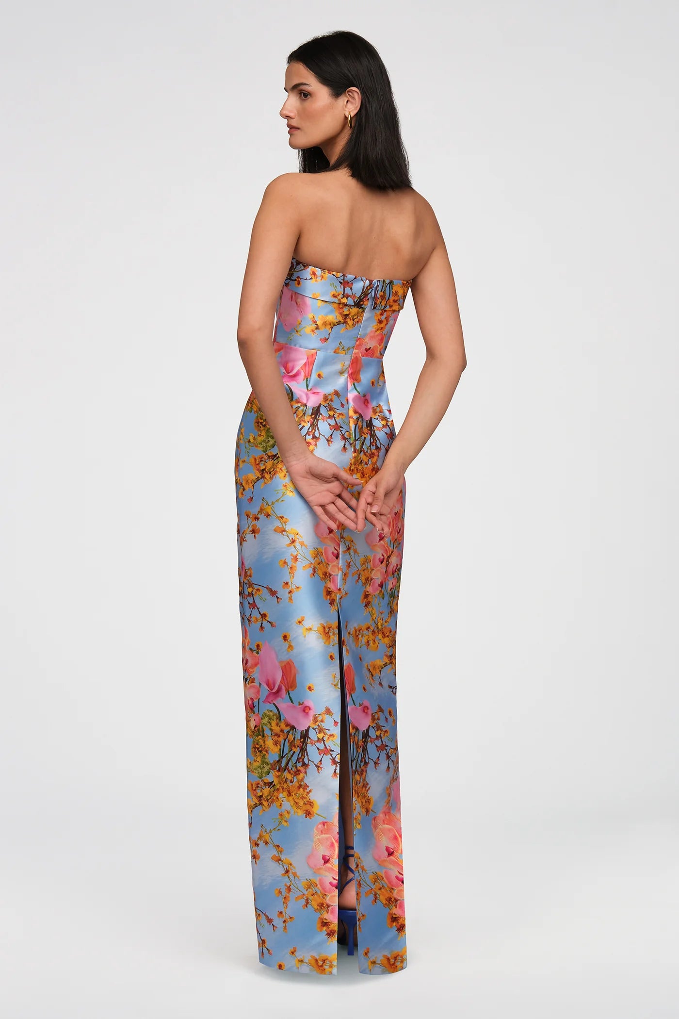 Theia Cleo Strapless Column Gown in Whisper Blue Zen in Bloom