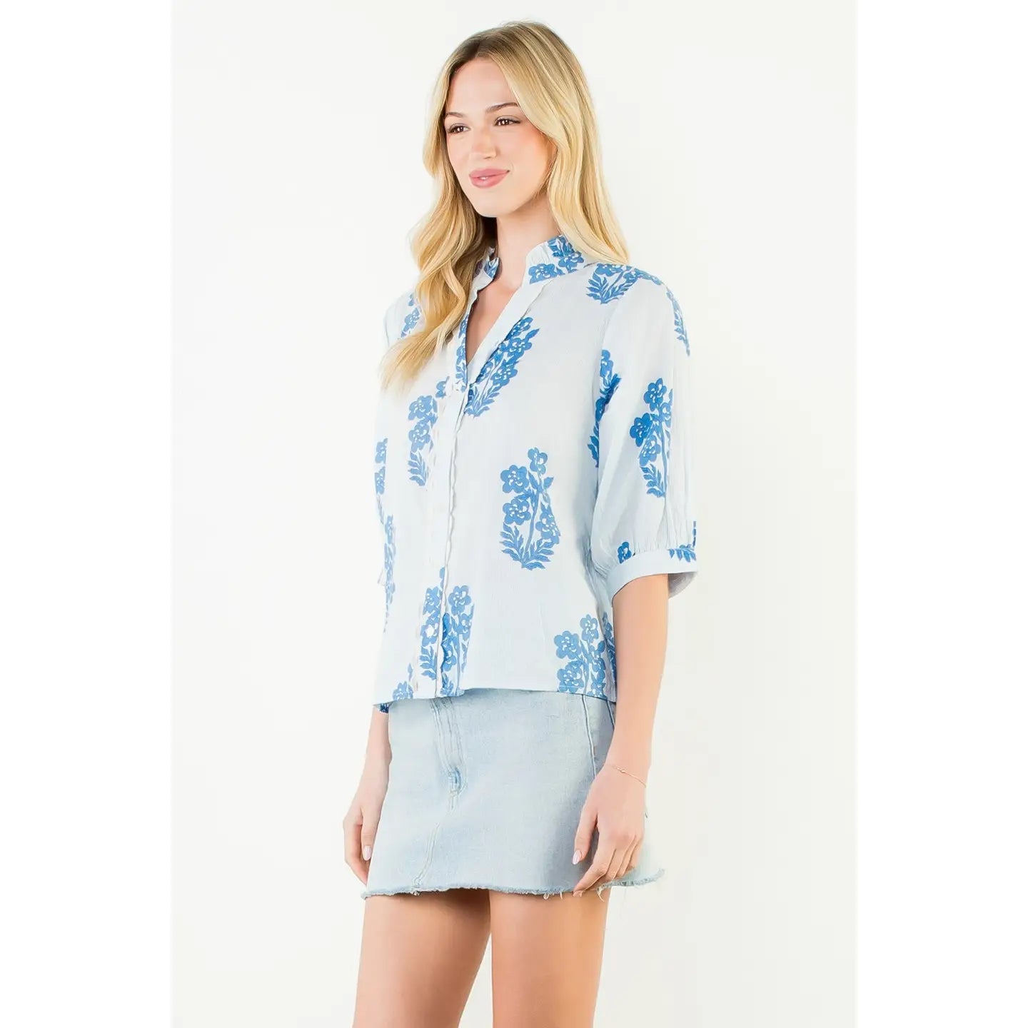 THML Flower Patterned Blouse in Light Blue