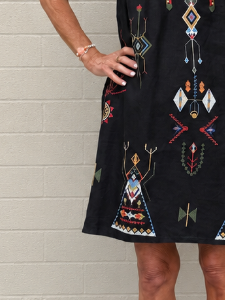 Embroidered Shift Dress in Black