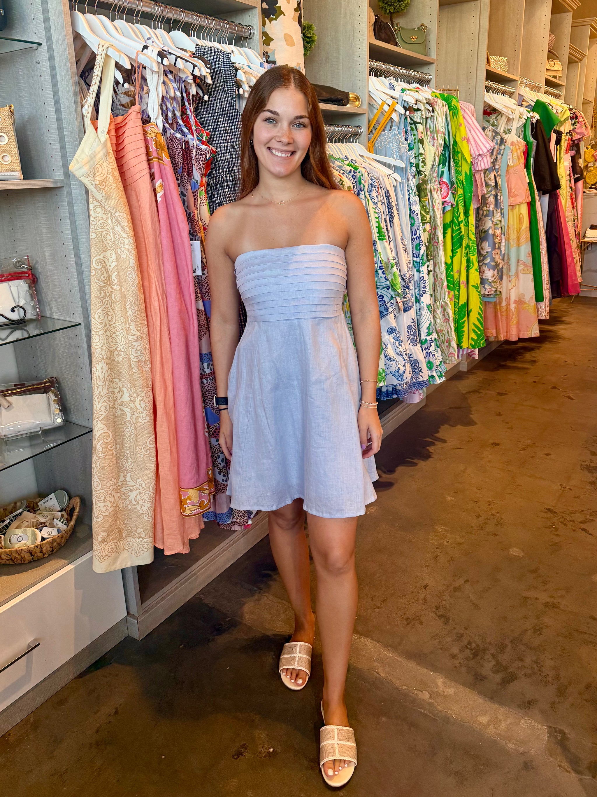 knee length dresses for ladies Talia Linen Maxi Dress in Caribbean Blue