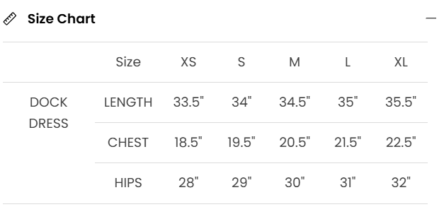 Livro Dock Dress Size Chart