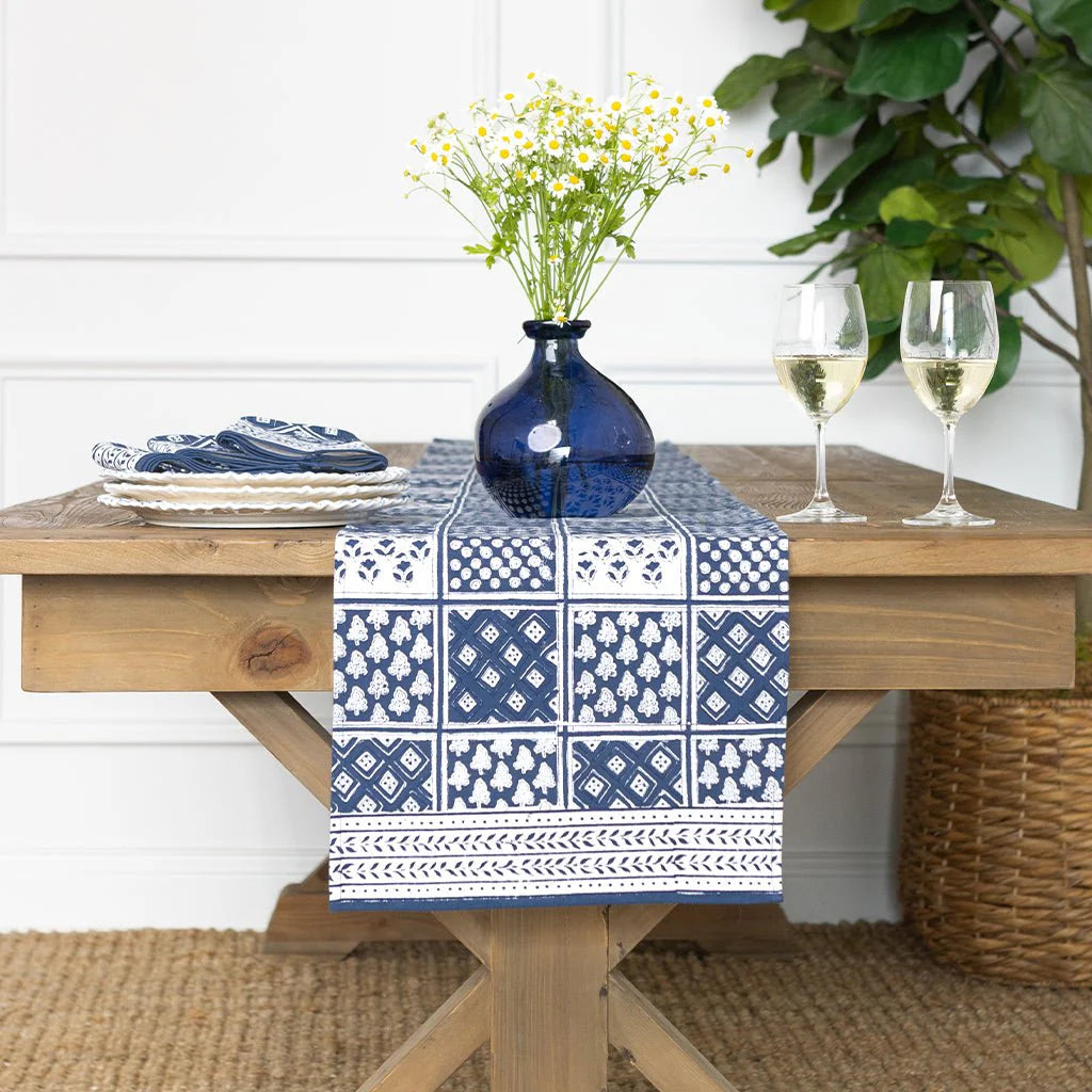 Pomegranate Pom Buti Patchwork Blue Table Runner