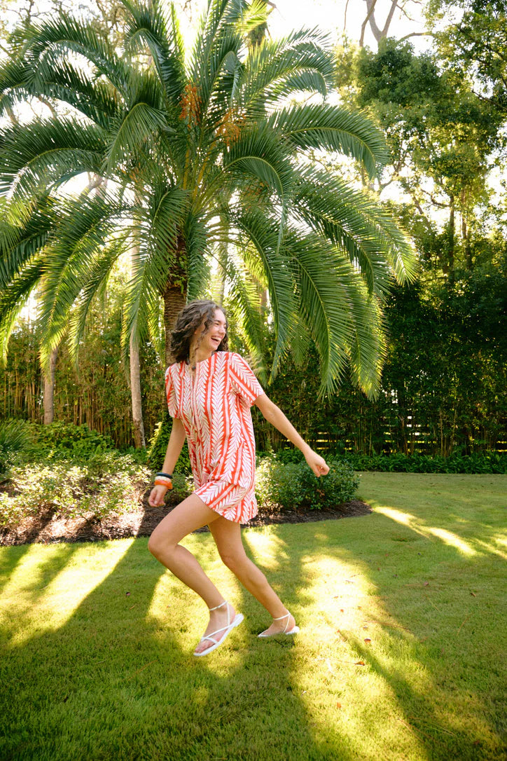 Brooks Avenue Short Sleeve Mini Kaftan in Frond Orange
