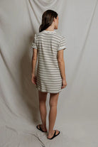 Perfect White Tee Nella loop terry short sleeve stripe dress in natural/chocolate