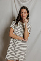 Perfect White Tee Nella loop terry short sleeve stripe dress in natural/chocolate