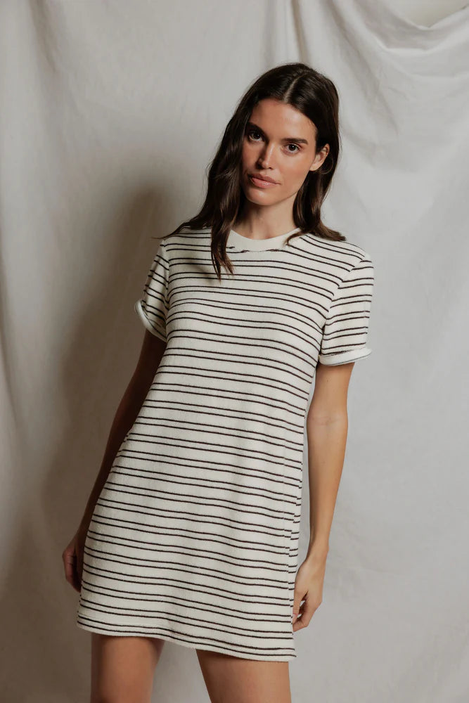 Perfect White Tee Nella loop terry short sleeve stripe dress in natural/chocolate