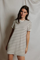 Perfect White Tee Nella loop terry short sleeve stripe dress in natural/chocolate