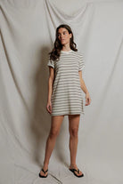 Perfect White Tee Nella loop terry short sleeve stripe dress in natural/chocolate
