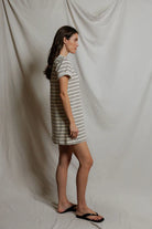 Perfect White Tee Nella loop terry short sleeve stripe dress in natural/chocolate